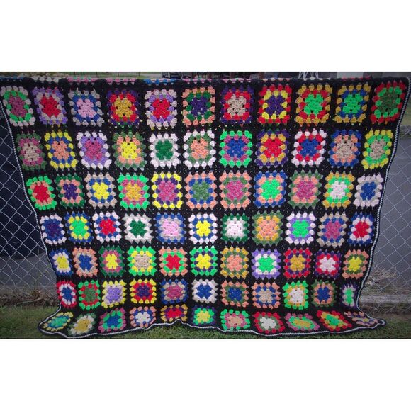 Vintage Handmade Granny Square Crochet Afghan Blanket 72\